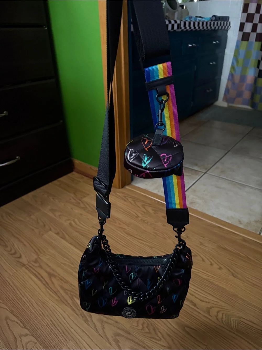 Kurt Geiger Black Quilted Shoulder Bag with Multicolor Heart Print - Picture 3 of 6